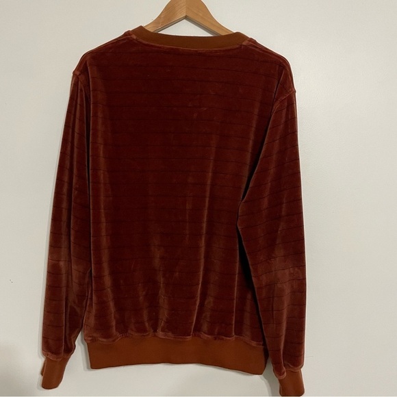 Burnt Orange Velvet Velour Knit V-Neck Striped Pull Over Sweatshirt Sweater - Picture 4 of 5
